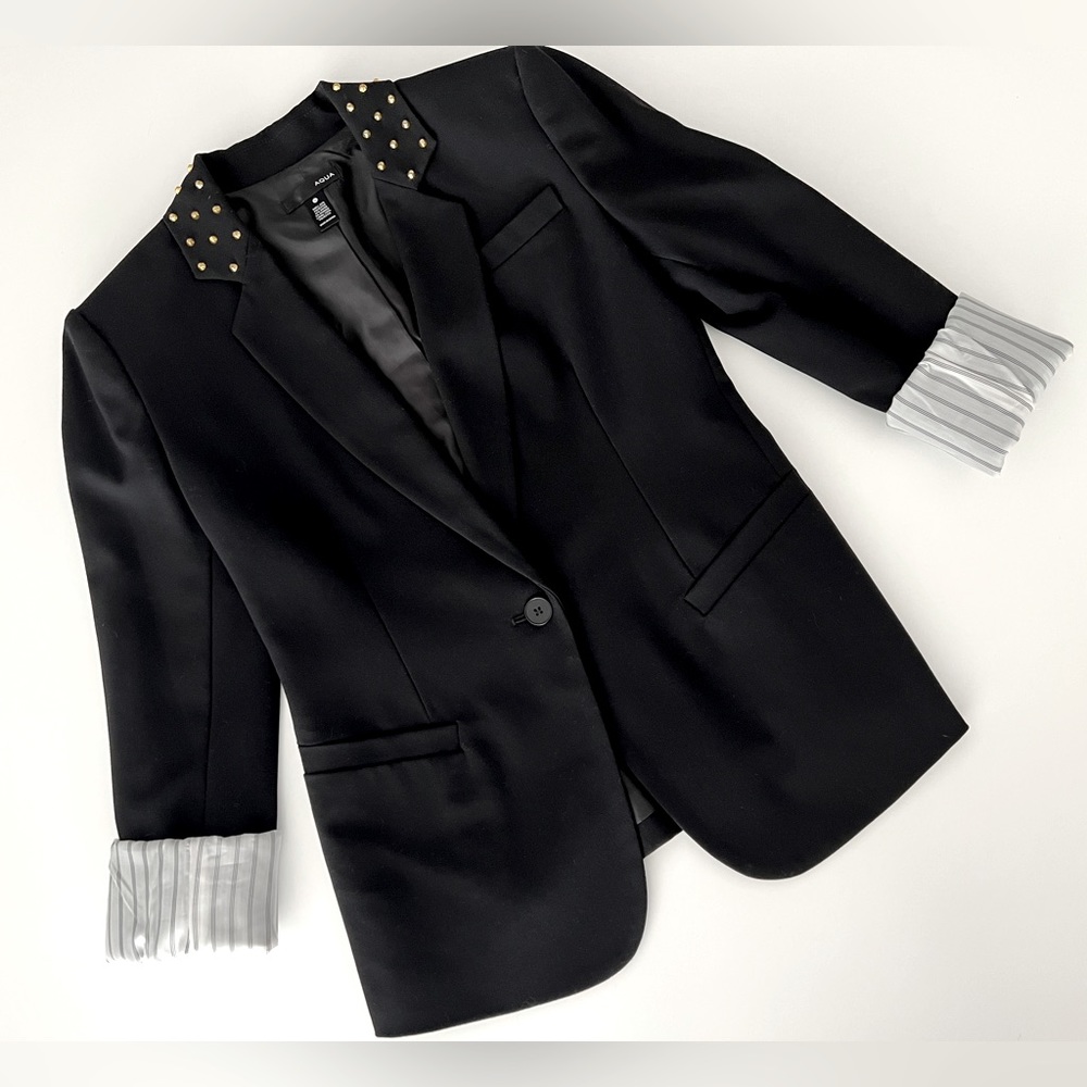 AQUA Gold Studs Black Boyfriend Blazer Striped Arms Cuff Lining RELAXED 0 XS NWT